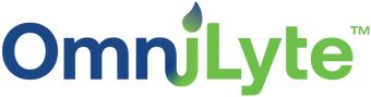 OmniLyte logo design with blue and green text and a water droplet symbol.