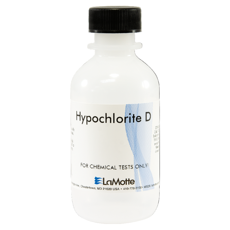 Bottle of Hypochlorite D for chemical tests, labeled with usage instructions.