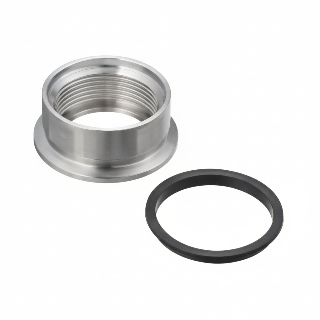 Metal connector with threaded interior and rubber gasket.