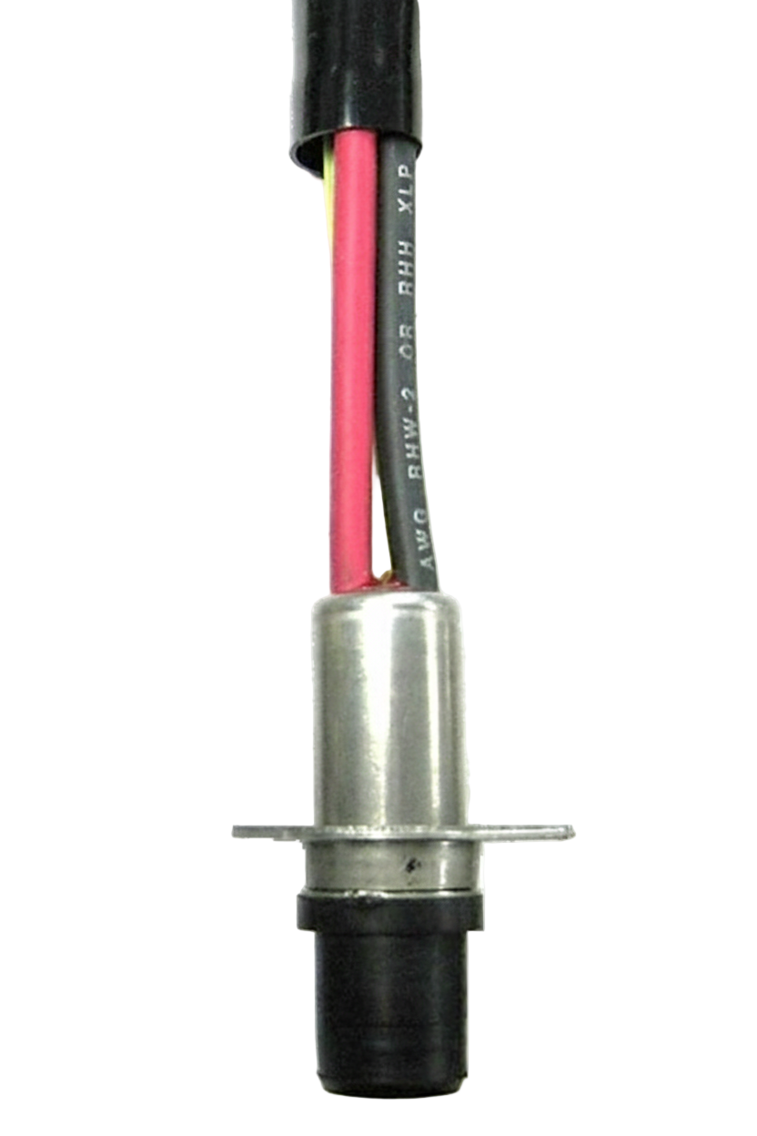 Connector with metal housing and colored wires.
