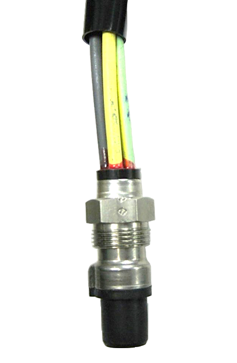 Metal connector with multiple colored wires.