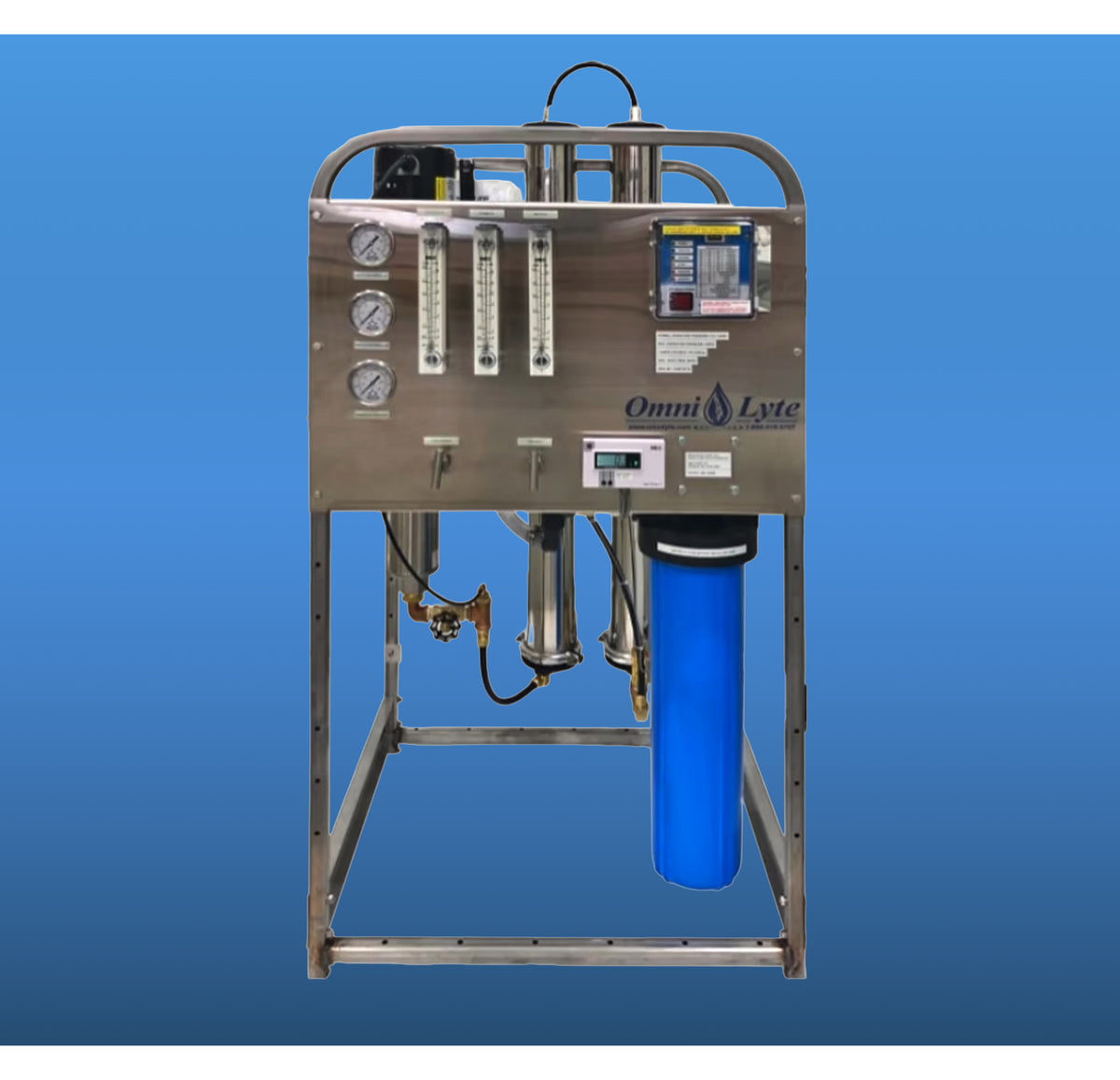 Product photo of an Omni Lyte water purification system with gauges and a blue filter.