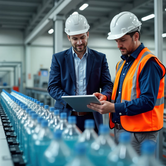 Two men in safety gear examining a tablet in a production facility, with bottles of blue liquid in the foreground.