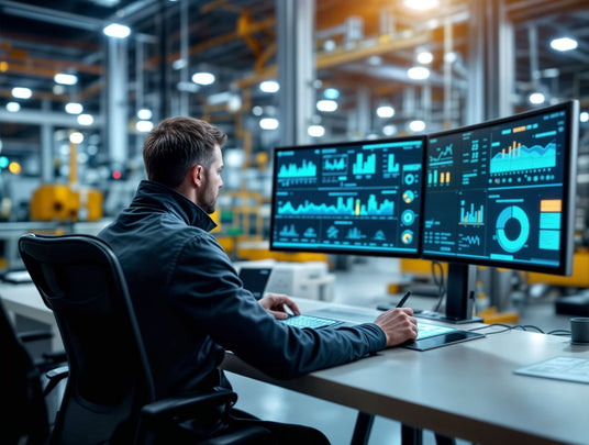 A person working at a desk with multiple monitors displaying data analytics and graphics in a modern industrial setting.