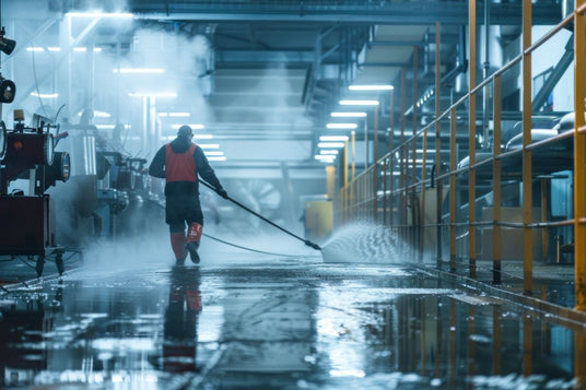 Worker using a high-pressure washer to clean a wet industrial space with steam and lights in the background.