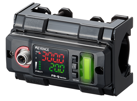 Digital display unit with outputs and buttons, labeled "KEYENCE FD-Q series."