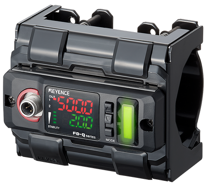 Digital display unit with buttons and outputs, mounted in a black casing.