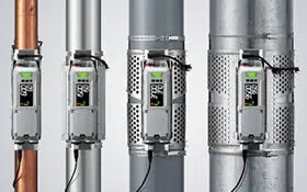 Various sensors attached to pipes of different materials.