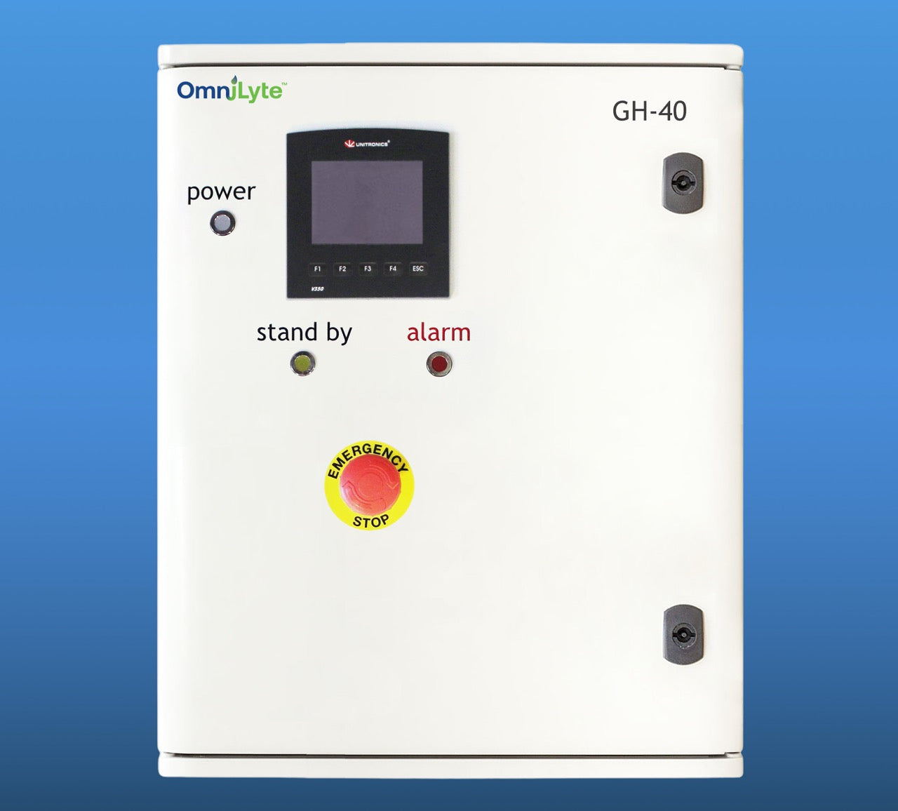 Control panel with digital display and emergency stop button.