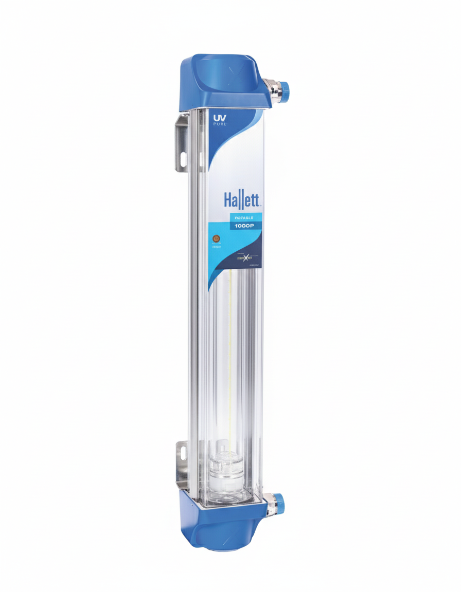 Portable UV water purification system labeled "Hallett 1000DP" with a blue and silver design.