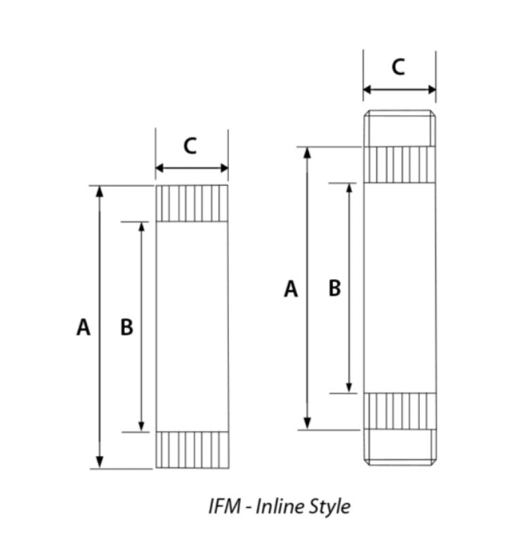 Technical dimension diagram showing two inline-style cylindrical component views with labeled dimensions A, B, and C on a white background.