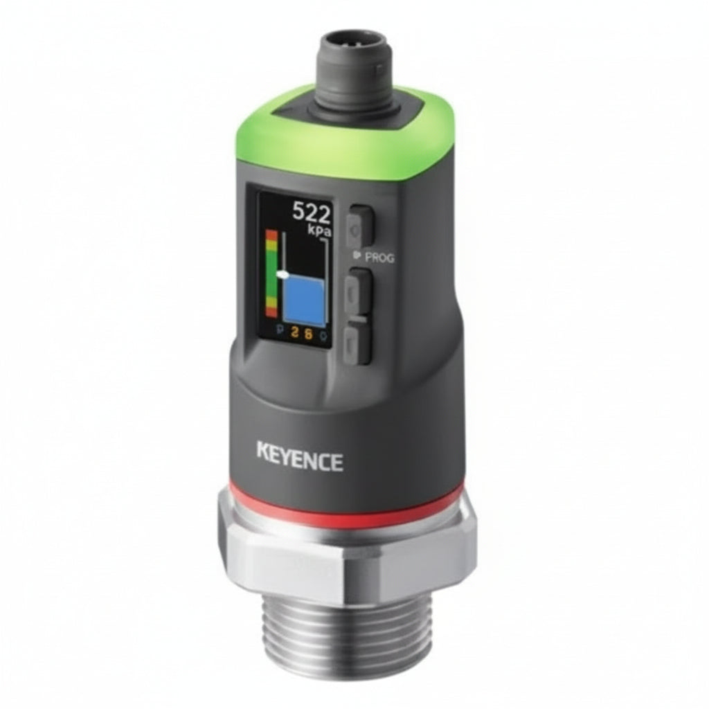 Pressure sensor with digital display and adjustable settings.