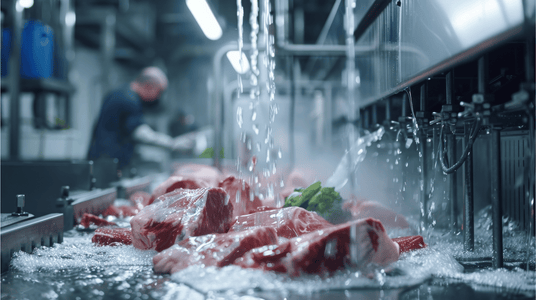 Raw meat being processed in a facility with water flowing and a worker in the background.