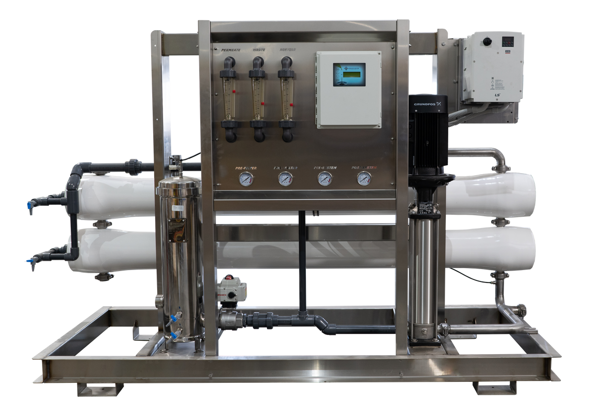 Water filtration system with stainless steel frame and multiple pressure gauges.