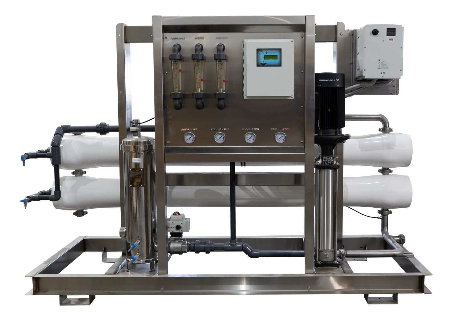Water filtration system with stainless steel frame and multiple pressure gauges.