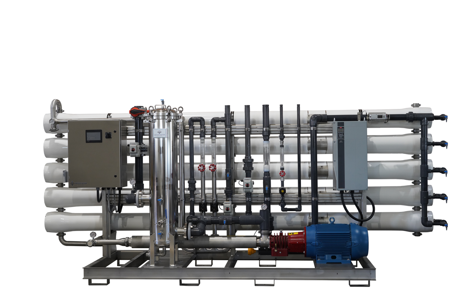 Industrial water filtration system with multiple pipes and a blue motor.