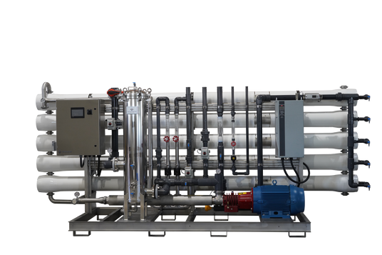 Industrial water filtration system with multiple pipes and a blue motor.