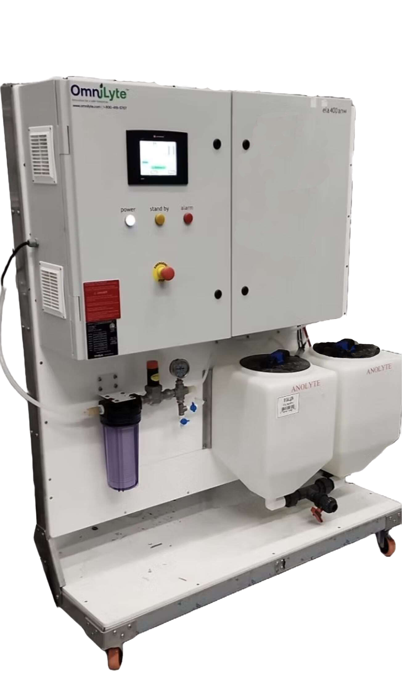 OmniLyte machine with control panel, water filtration system, and two liquid containers.
