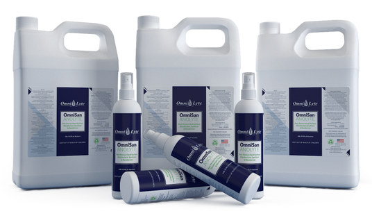 Bottles and containers of OmniSan Anolyte disinfectant products in various sizes.