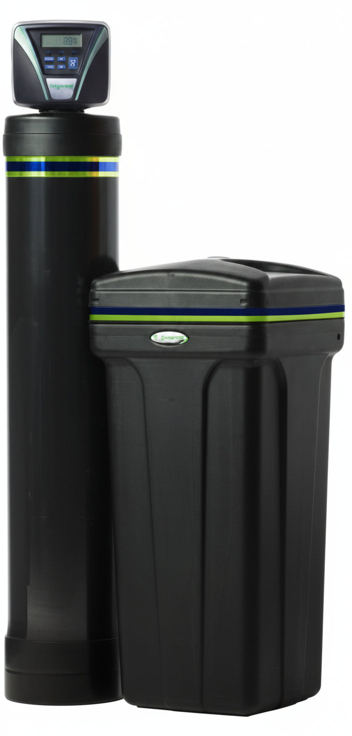 Water softener system with a digital display and a black housing.