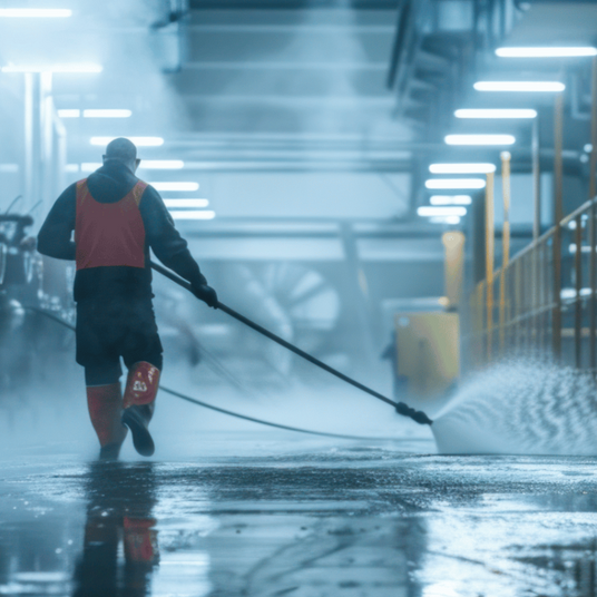Person cleaning a wet surface with a high-pressure water hose in a misty, industrial setting.