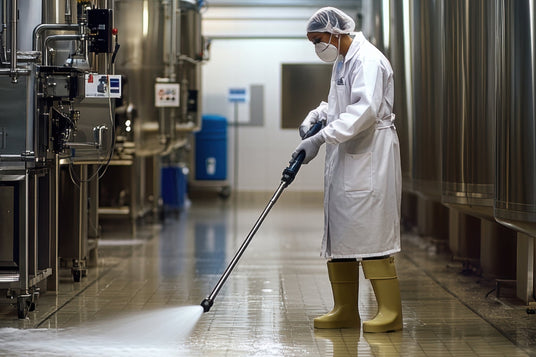 Person in protective gear using a pressure washer to clean a tiled floor in a industrial setting.
