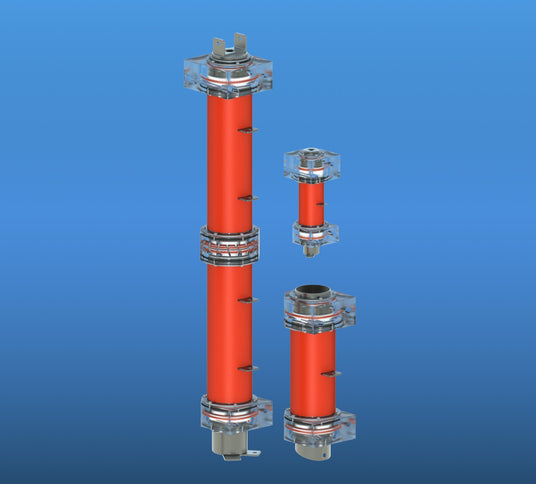 Three cylindrical components with transparent ends and red bodies, displayed against a blue background.