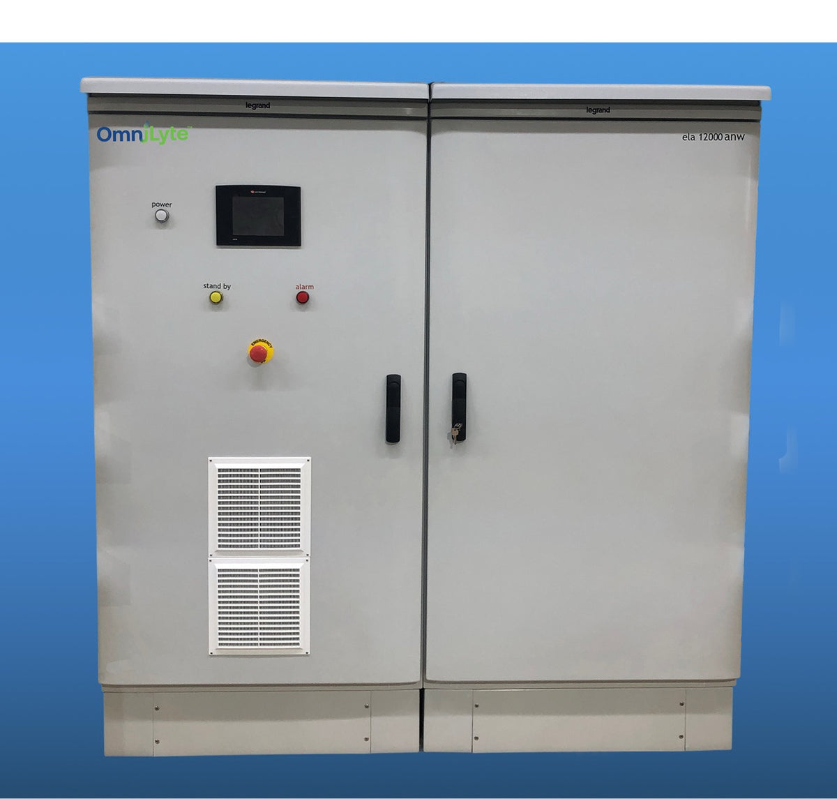 Gray electrical control cabinet with buttons and a display screen.