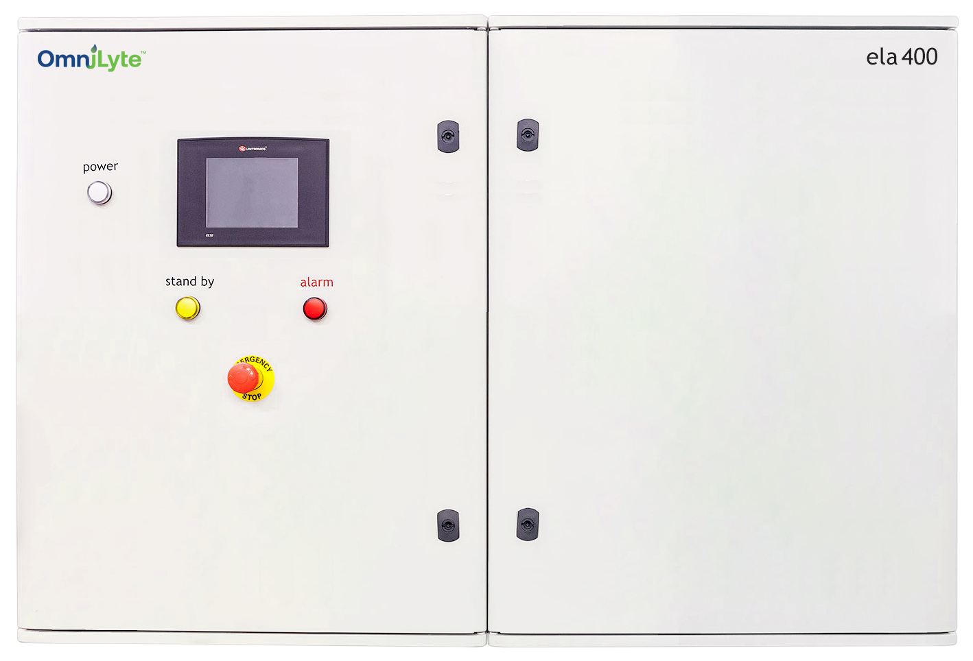 Control panel with emergency stop button, status indicators, and monitor screen.