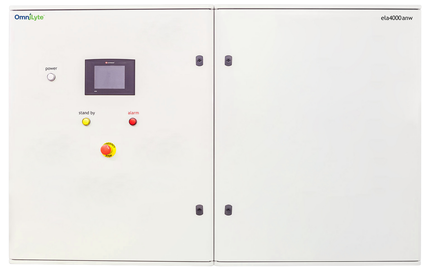 Control panel with a display and buttons for power, standby, and alarm.