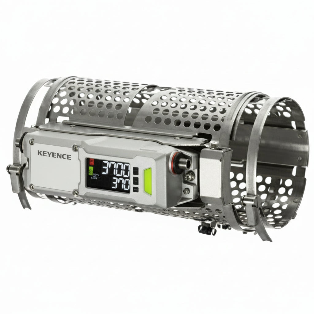 Metallic cylindrical product with a display and perforated design.