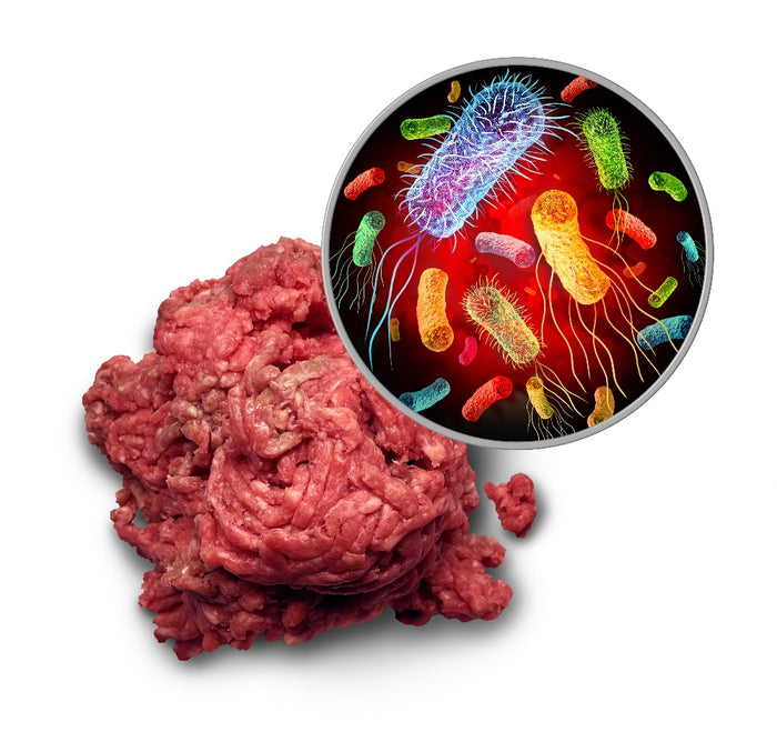 Ground meat with a graphic of colorful bacteria.
