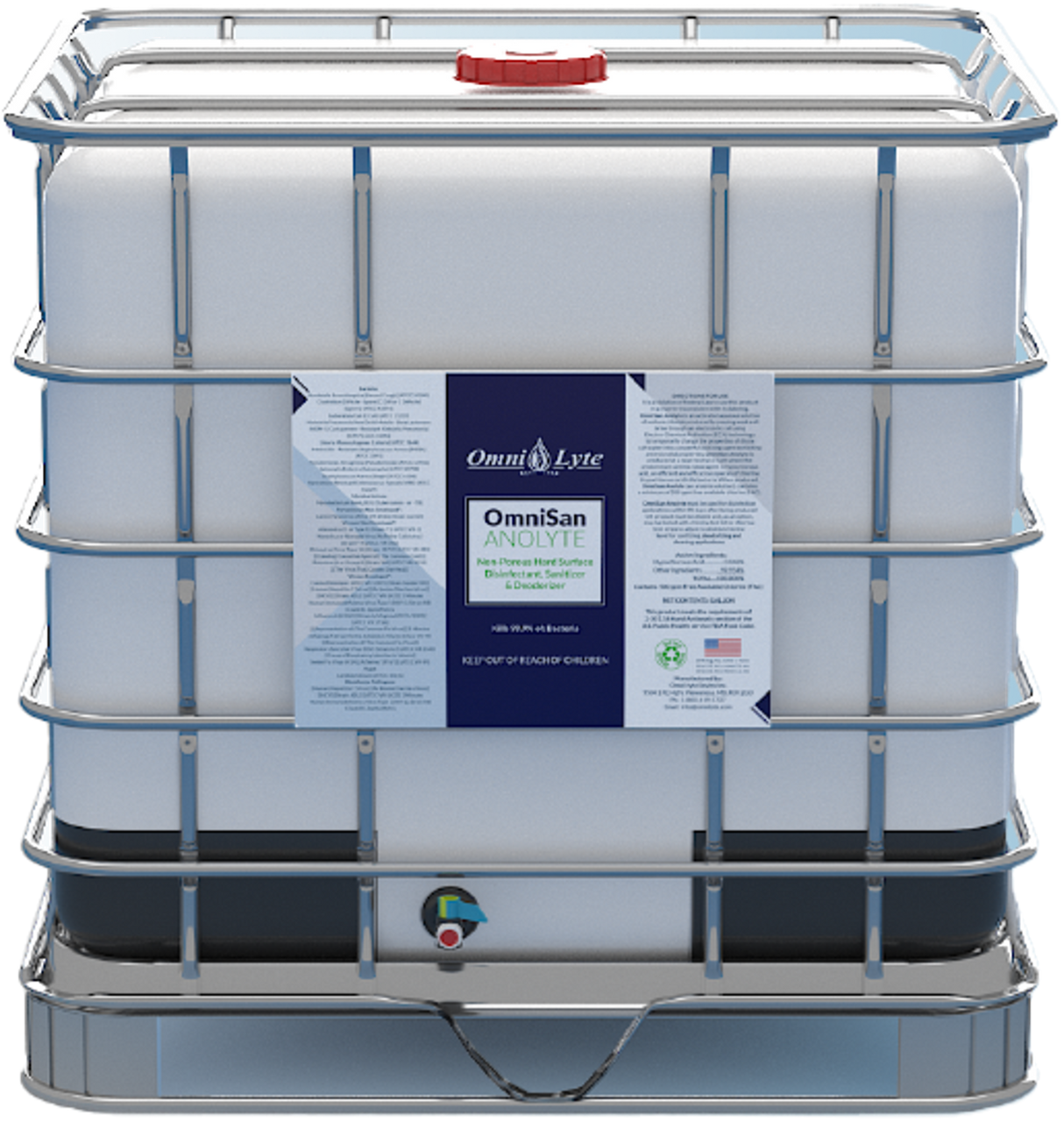 OmniSan Anolyte non-toxic hand surface disinfectant and deodorizer in a large storage container.