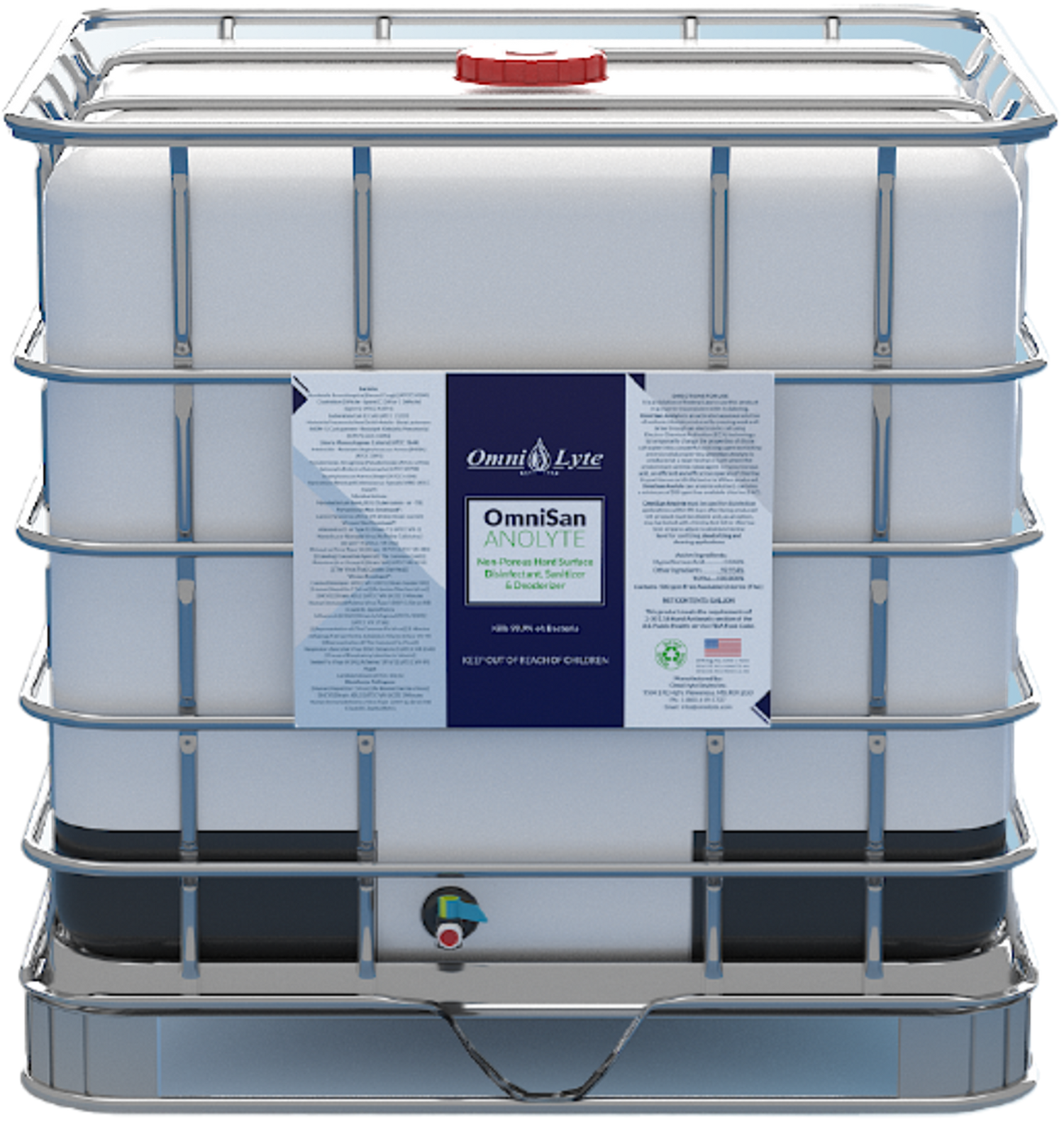 OmniSan Anolyte non-toxic hand surface disinfectant and deodorizer in a large storage container.