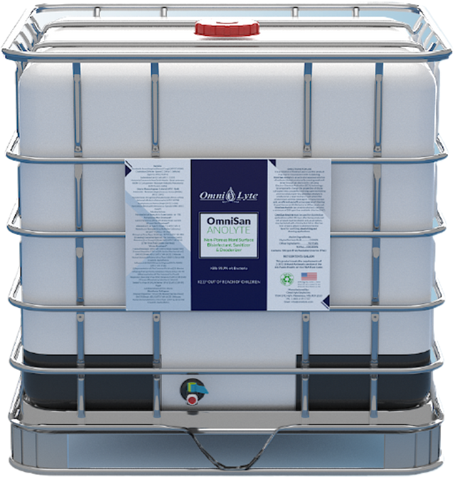 OmniSan Anolyte non-toxic hand surface disinfectant and deodorizer in a large storage container.