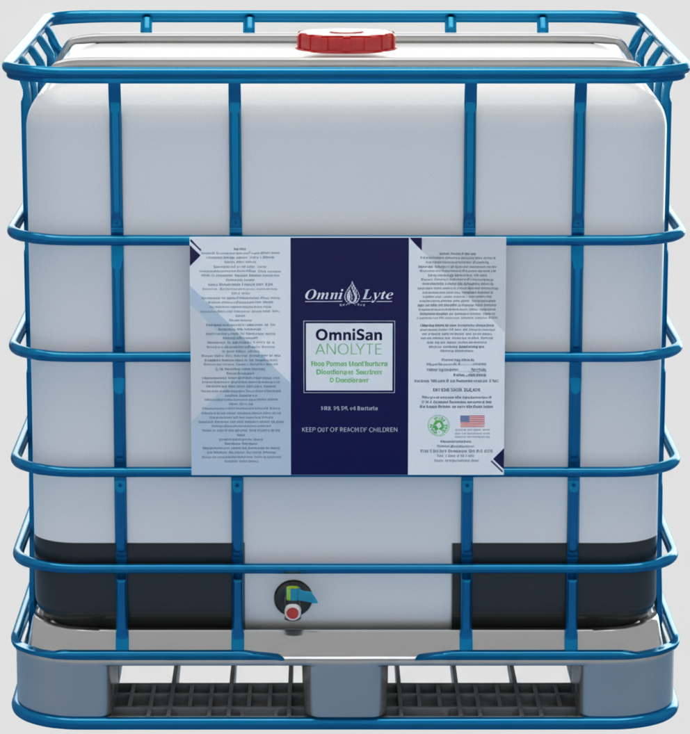 OmniSan Anolyte non-toxic hand surface disinfectant and deodorizer in a large storage container.