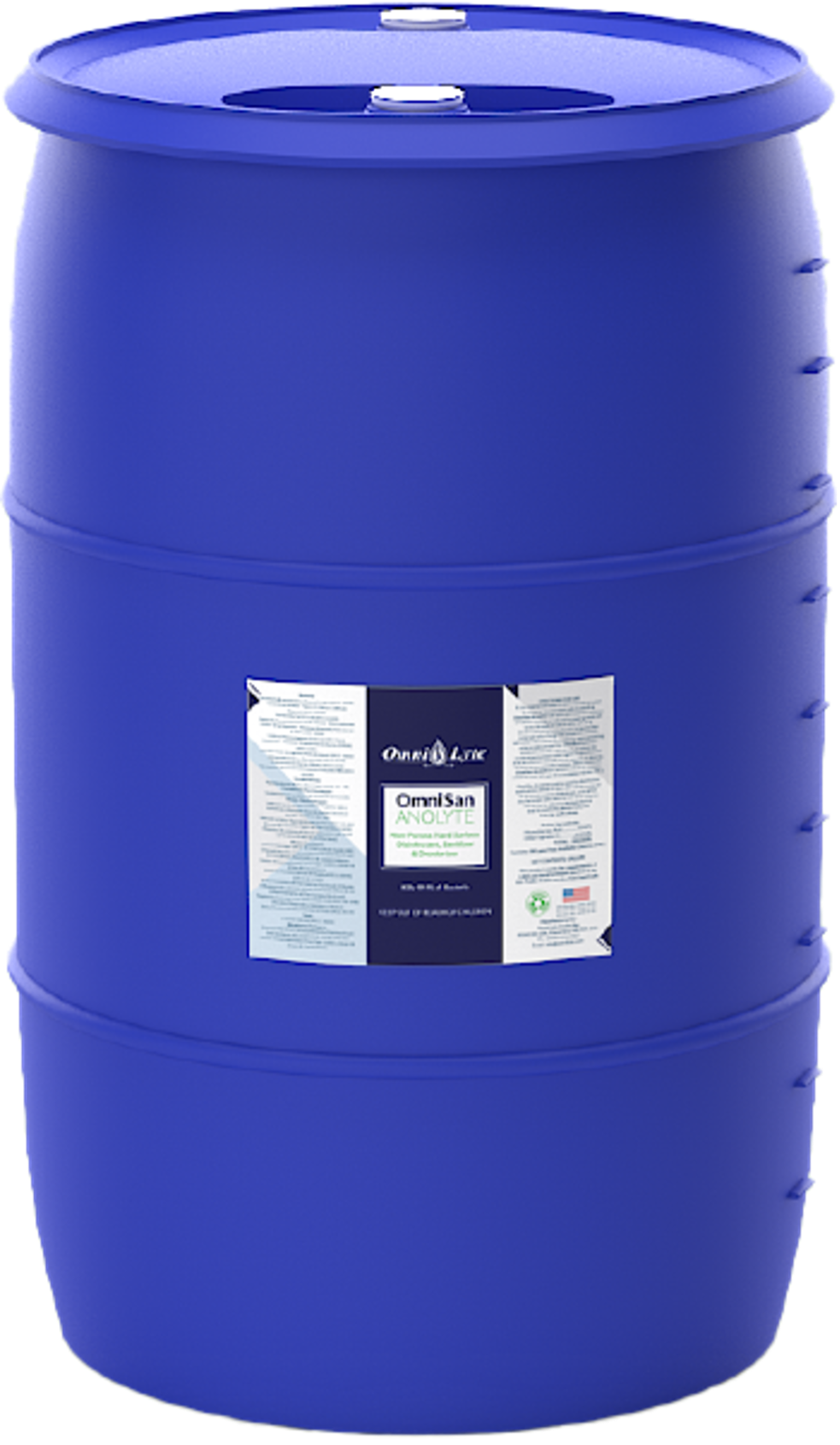 blue barrel with a label featuring product information