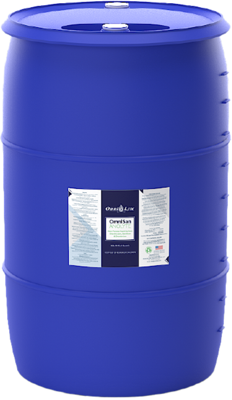 blue barrel with a label featuring product information