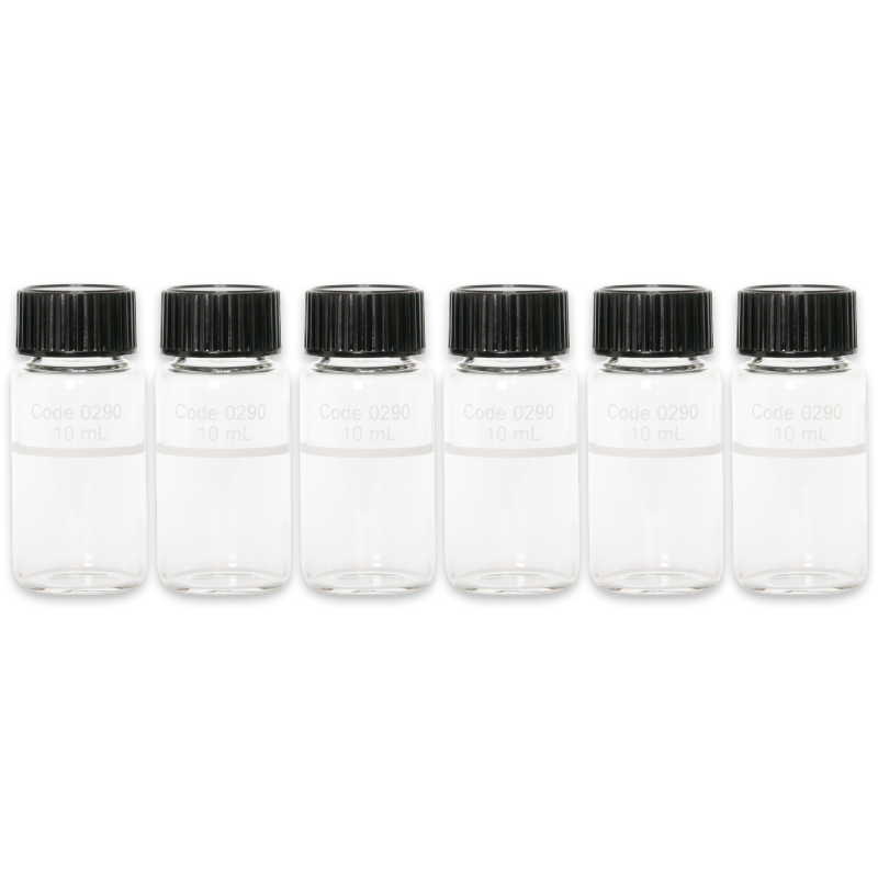 Six clear glass vials with black lids, each labeled with "Code 0290" and a capacity of 10 mL.