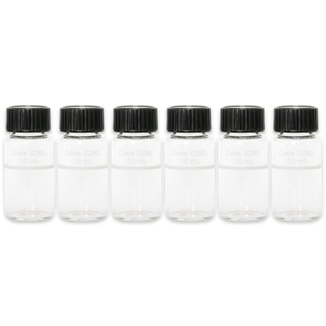 Six clear glass vials with black lids, each labeled with "Code 0290" and a capacity of 10 mL.