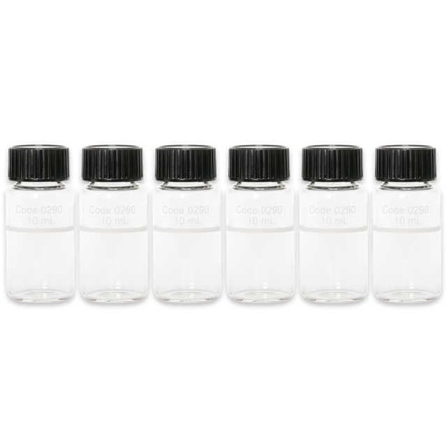 Six clear glass vials with black lids, each labeled with "Code 0290" and a capacity of 10 mL.