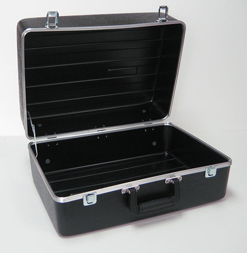 black suitcase with an open lid and silver trim
