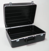 black suitcase with an open lid and silver trim