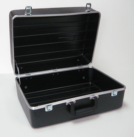 black suitcase with an open lid and silver trim