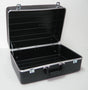 black suitcase with an open lid and silver trim