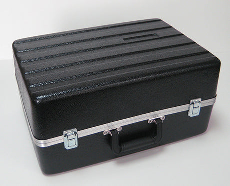 Black textured case with metal clasps and handle.
