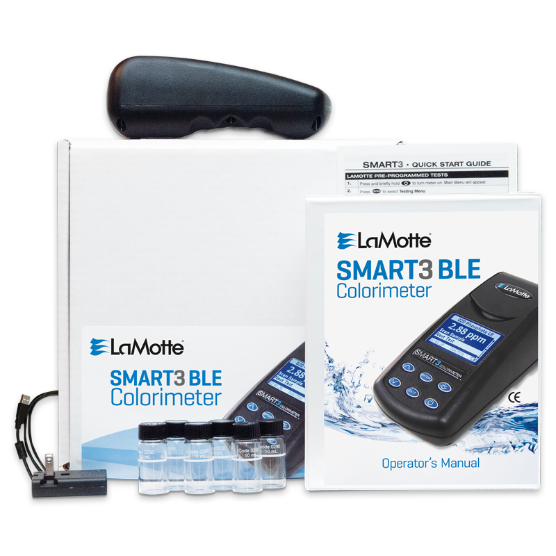 LaMotte SMART3 BLE Colorimeter set with operator's manual, quick start guide, and testing vials.