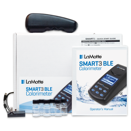 LaMotte SMART3 BLE Colorimeter set with operator's manual, quick start guide, and testing vials.