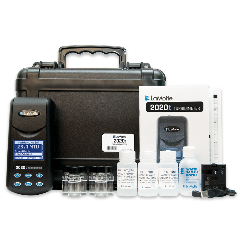LaMotte 2020t turbidity meter kit, including calibration standards, sample bottles, and carrying case.
