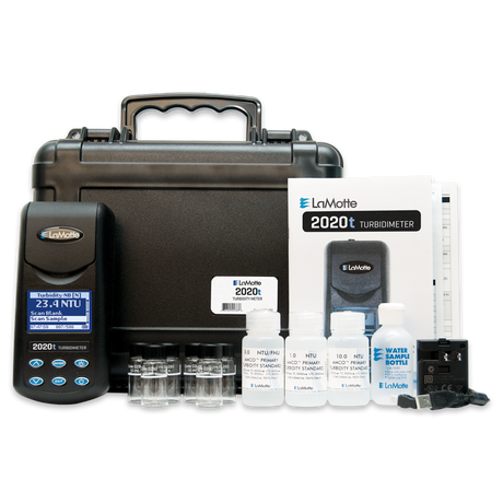 LaMotte 2020t turbidity meter kit, including calibration standards, sample bottles, and carrying case.